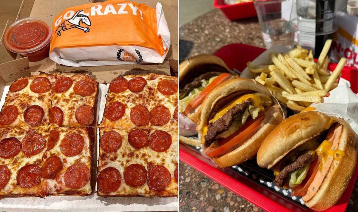 Side-by-side image: On the left, a box of square-cut pepperoni pizza with a wrapped breadstick and marinara sauce. On the right, burgers with cheese, lettuce, and tomato, plus fries—classic fare from affordable fast-food chains.