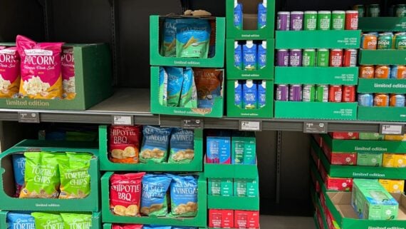 A shelf with different types of snacks