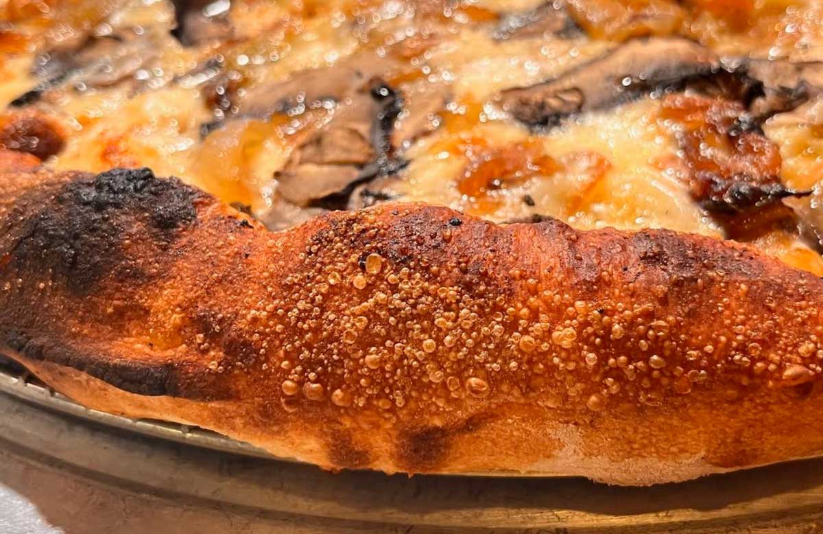 Close-up of a pizza reminiscent of classic East Coast cheap pizza slices, featuring a bubbly, golden-brown, and slightly charred crust with melted cheese and mushroom toppings in the background.
