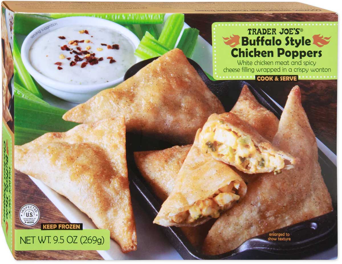 A box of Trader Joe's Buffalo Style Chicken Poppers, showing crispy wonton-wrapped poppers with chicken filling, served with a cup of white dipping sauce and celery sticks. Net weight is 9.5 oz (269g).