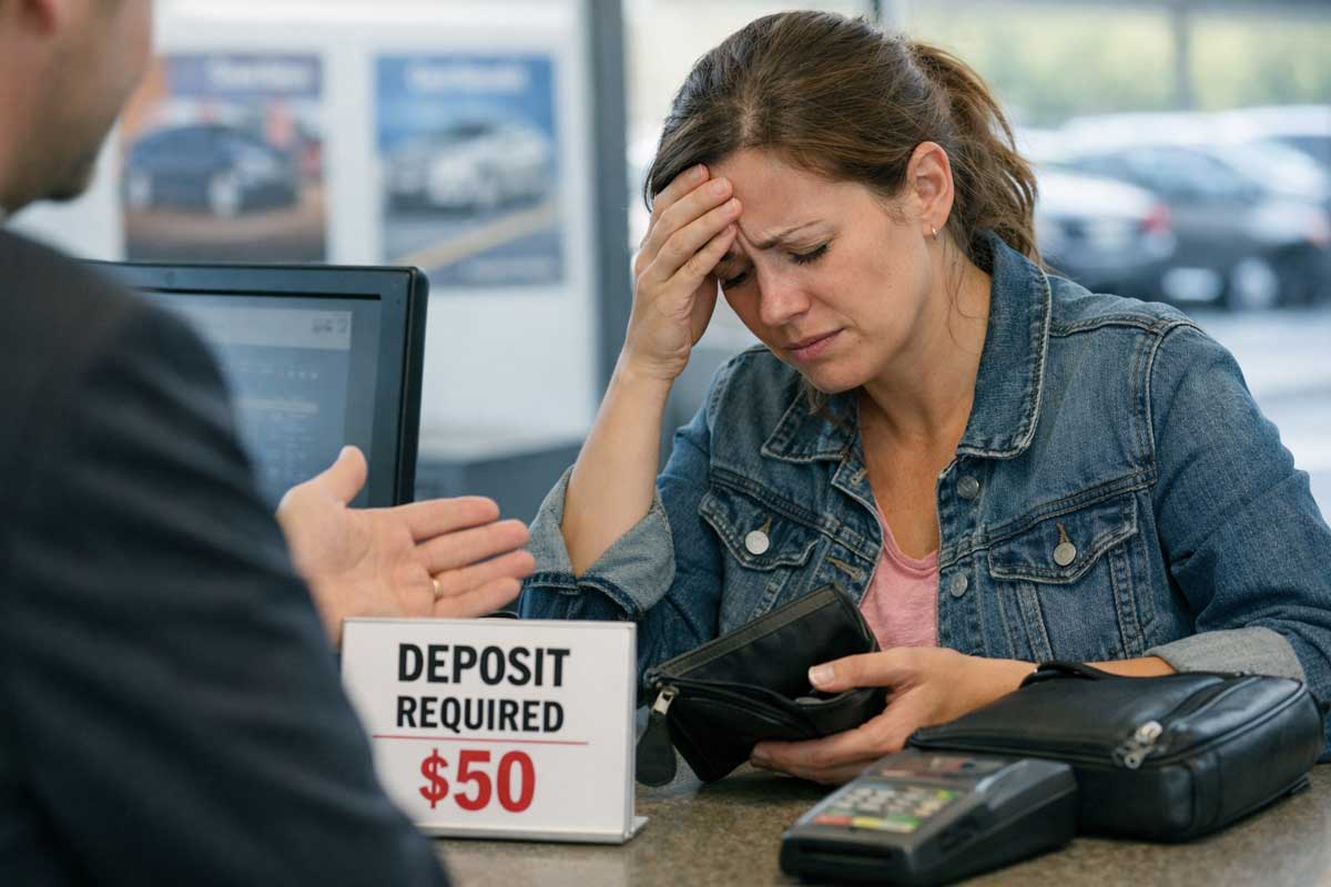 A woman looks stressed while checking her empty wallet at a counter. A sign on the counter reads "Deposit Required $50" and a person across from her gestures with their hand, possibly explaining the requirement.