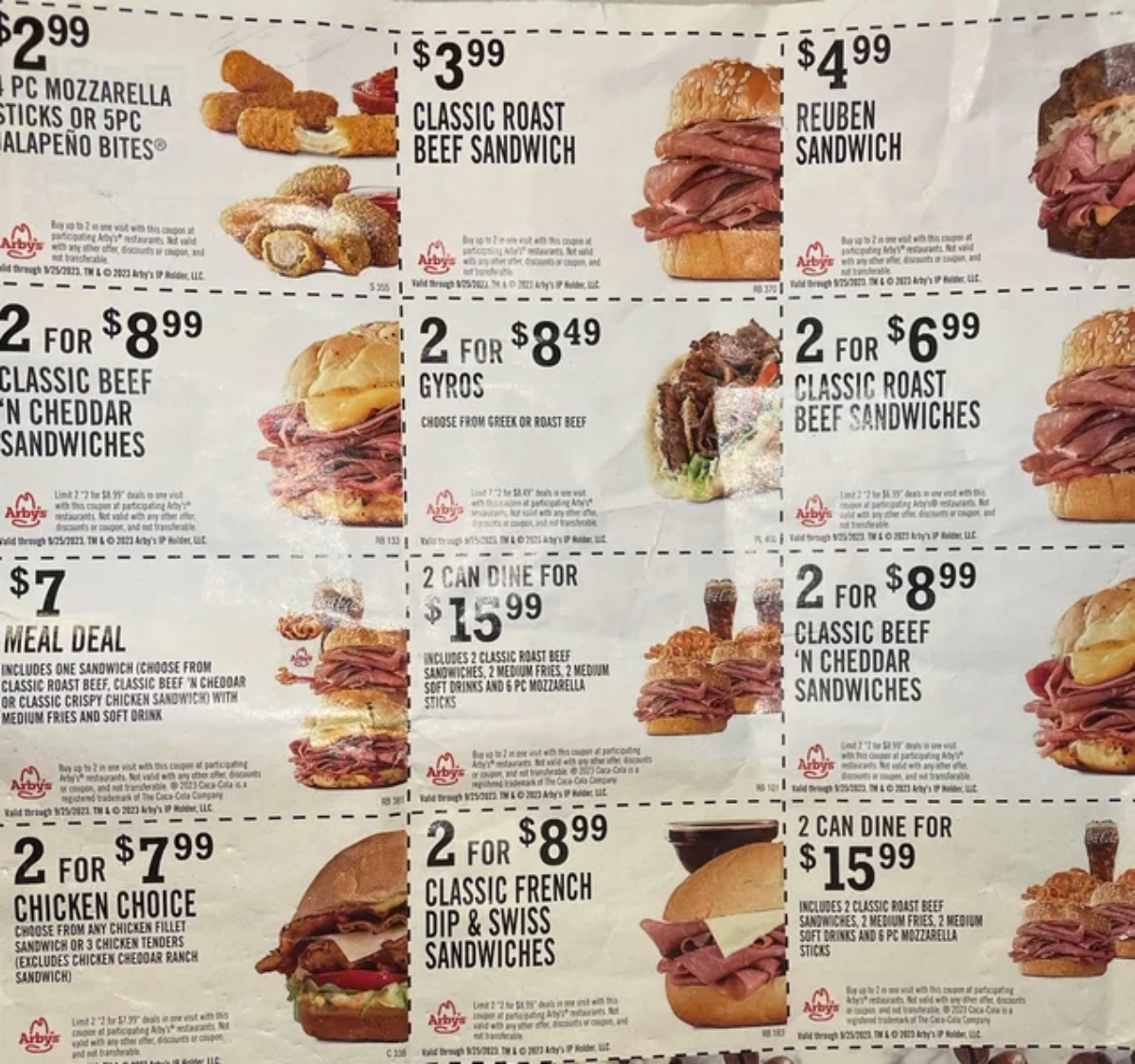 A grid of Arby’s coupons displays deals on sandwiches, gyros, mozzarella sticks, and combo meals with prices and images of each food item, including roast beef and chicken sandwiches.