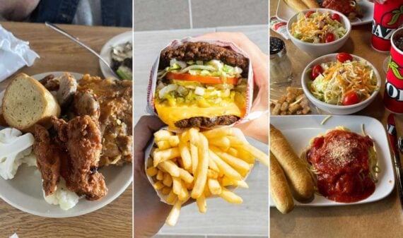 A collage of three meals: fried chicken with bread and mashed potatoes, a cheeseburger with fries, and spaghetti with breadsticks, salad, and drinks.