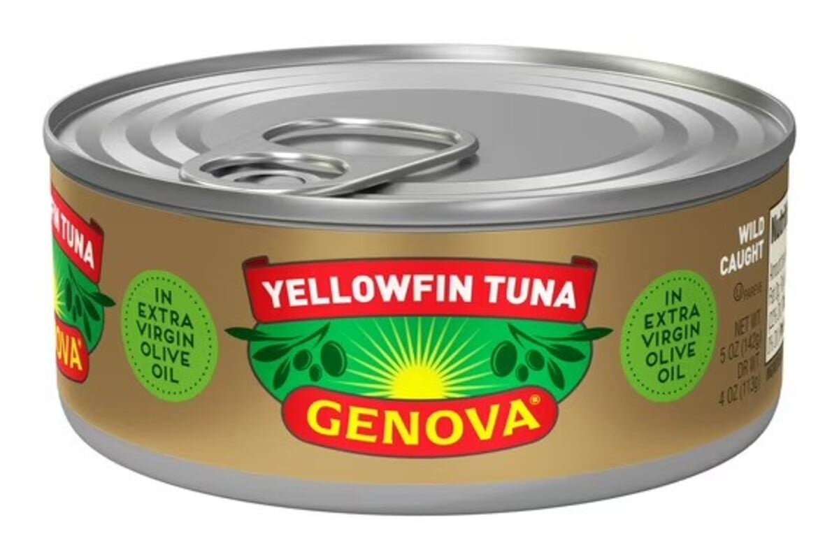 A can of Genova Yellowfin Tuna in extra virgin olive oil, featuring a gold label with red and green accents, and a pull-tab on the silver lid.