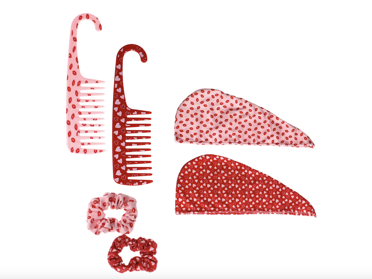 Two wide-tooth combs, two hair scrunchies, and two hair wrap towels are displayed on a white background. All items are decorated with red and pink lips or heart patterns.