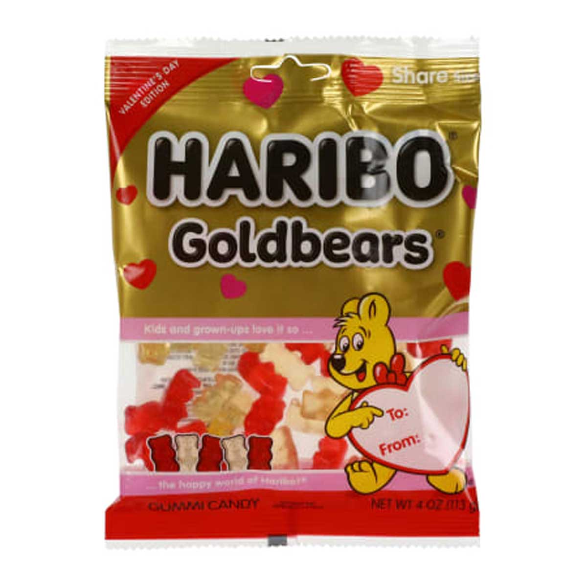 A package of Haribo Goldbears Valentine’s Day edition gummy candy, featuring heart decorations and a yellow bear holding a heart-shaped card labeled "To:" and "From:". Gummies in red, white, and gold are visible inside.