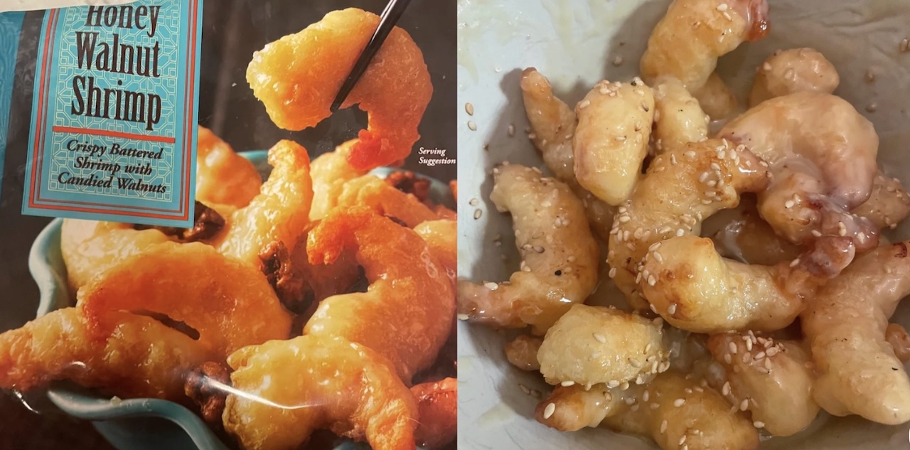 A split image comparing shrimp dishes: the left side shows a bowl of golden, crispy battered shrimp with chopsticks, while the right side shows a less uniform batch of shrimp with sesame seeds in a bowl.