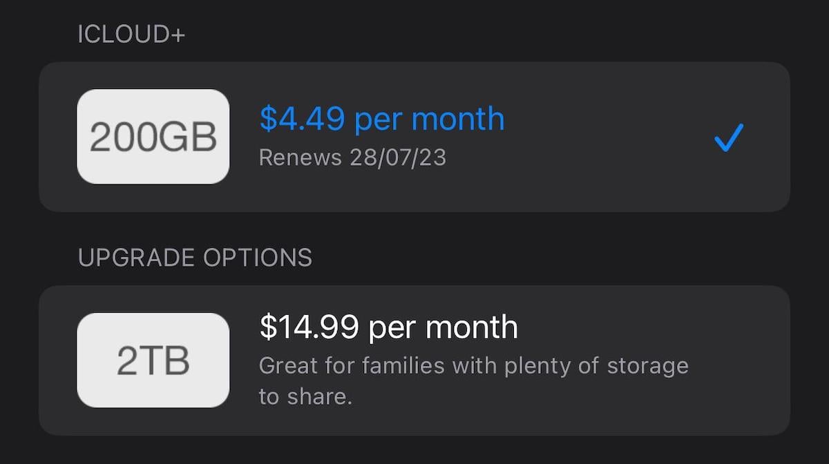 Screenshot showing iCloud+ storage plans: 200GB for $4.49 per month, renewing on 28/07/23, and 2TB for $14.99 per month, recommended for families. The 200GB plan is currently selected.
