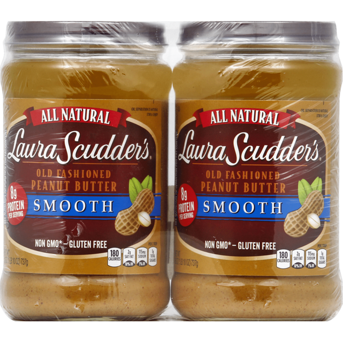 Two jars of Laura Scudder’s Old Fashioned Smooth Peanut Butter, wrapped together in plastic. The labels highlight "All Natural," "9g protein per serving," "Non GMO," and "Gluten Free.
