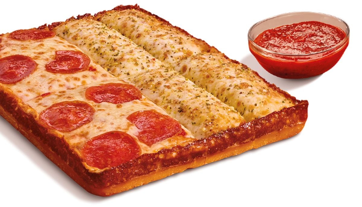Enjoy this new fast-food menu favorite: a rectangular pizza, half topped with pepperoni and cheese, the other half as cheesy breadsticks sprinkled with herbs, served with a small bowl of marinara sauce on the side.