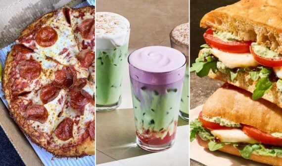 A collage with three sections: a pepperoni pizza in a box, colorful iced drinks in clear glasses with layered milk and toppings, and stacked sandwiches on ciabatta bread&mdash;all part of an exciting new fast-food menu.