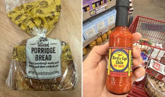 A split image: left shows a package of sliced porridge bread with a rustic label, while the right features a hand holding Bird's Eye Chile hot sauce&mdash;both new Trader Joe's items&mdash;in a grocery store aisle near a red shopping cart.