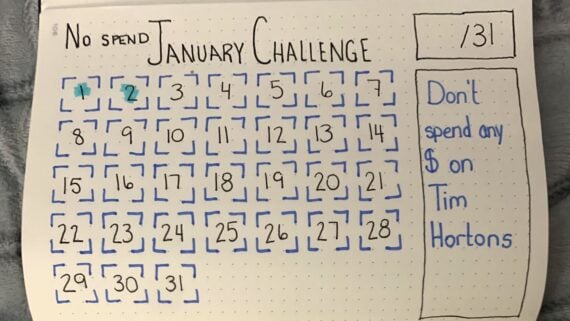 A hand-drawn calendar titled "No Spend January Challenge." Each day is outlined in blue dashes. A note says, "Don't spend any $ on Tim Hortons." Days 1 and 2 have teal checkmarks. There are 31 days in the month.