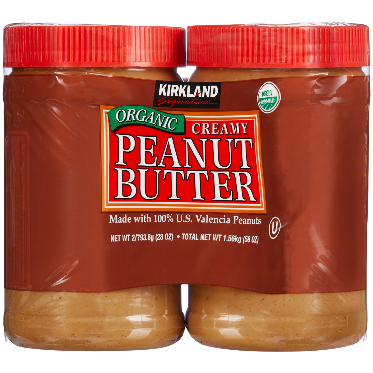 Two jars of Kirkland Signature Organic Creamy Peanut Butter with red lids, featuring a label that states it is made with 100% U.S. Valencia peanuts and has a net weight of 56 oz (1.56 kg).