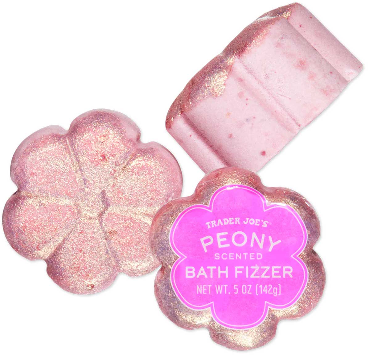 Three pink, flower-shaped bath fizzers with gold shimmer, labeled "Trader Joe’s Peony Scented Bath Fizzer, Net Wt. 5 oz (142g)" on a purple flower-shaped label.
