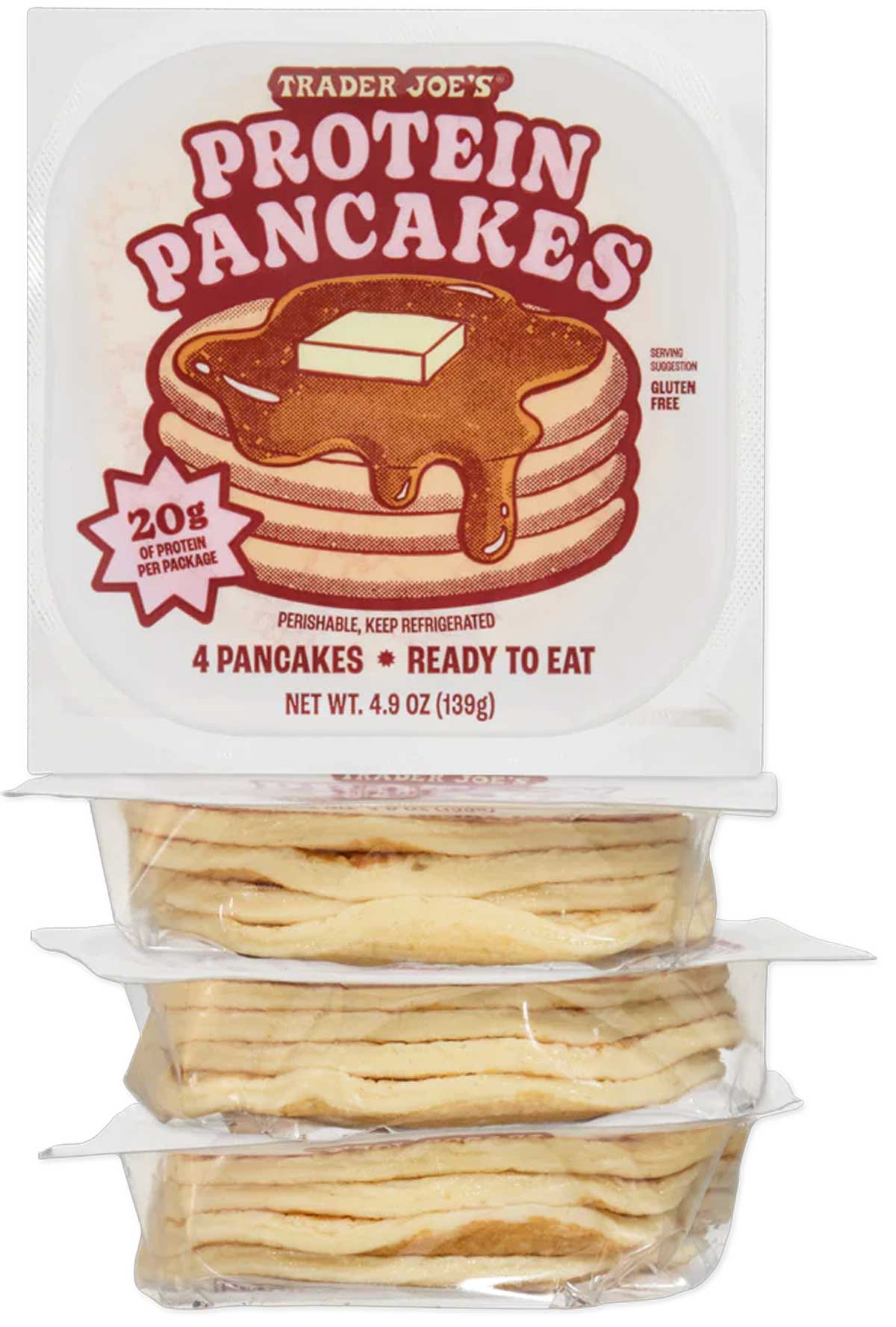 A package of Trader Joe's Protein Pancakes showing four pancakes topped with butter and syrup on the label. The packaging notes 20g of protein per pack, gluten-free, and ready to eat. Three pancake stacks are visible inside.