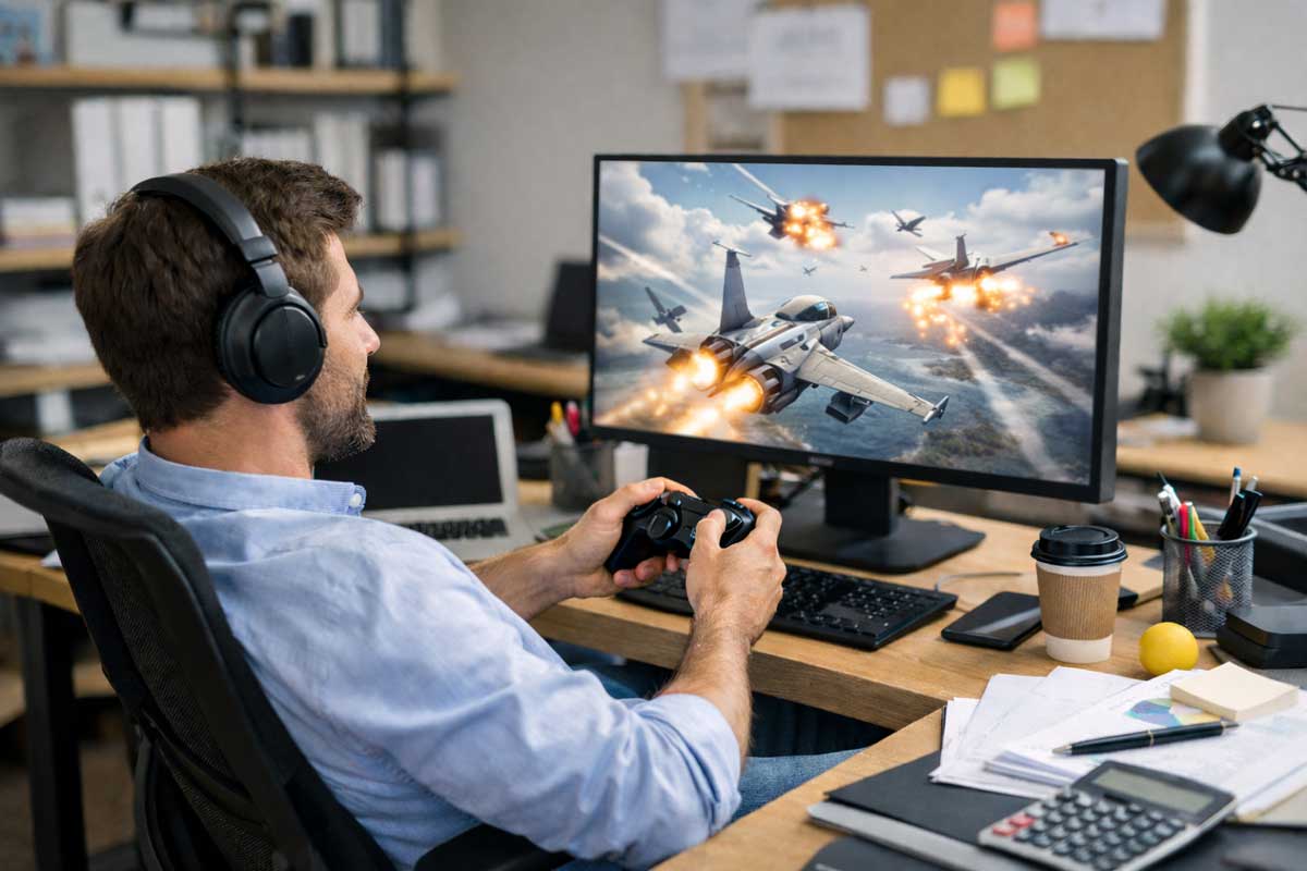 A man wearing headphones sits at a desk playing a flight combat video game on a large monitor, using a game controller. Papers, a keyboard, coffee cup, and office supplies are visible on the cluttered desk.