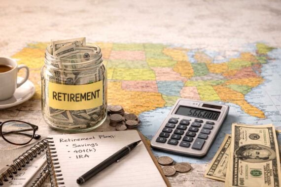 A jar labeled "RETIREMENT" filled with cash sits on a table with coins, a calculator, dollar bills, a notepad listing retirement plans, glasses, a pen, and a cup of coffee, all on a map of the United States.