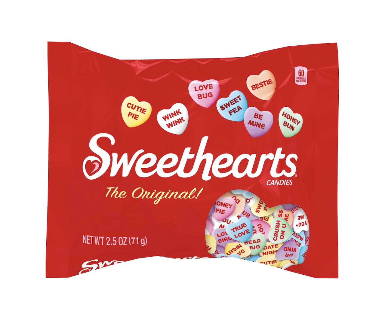 A red bag of Sweethearts candies with heart-shaped candies visible through a window. The package displays phrases like "CUTE PIE," "WINK WINK," and "LOVE BUG" on candy hearts. Net weight: 2.5 oz (71 g).