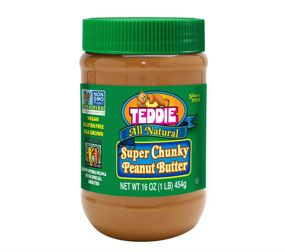 A jar of Teddie All Natural Super Chunky Peanuts and Salt Peanut Butter with a green lid. The 16 oz (454g) jar is vegan, gluten-free, non-GMO, and proudly supports people with special abilities.