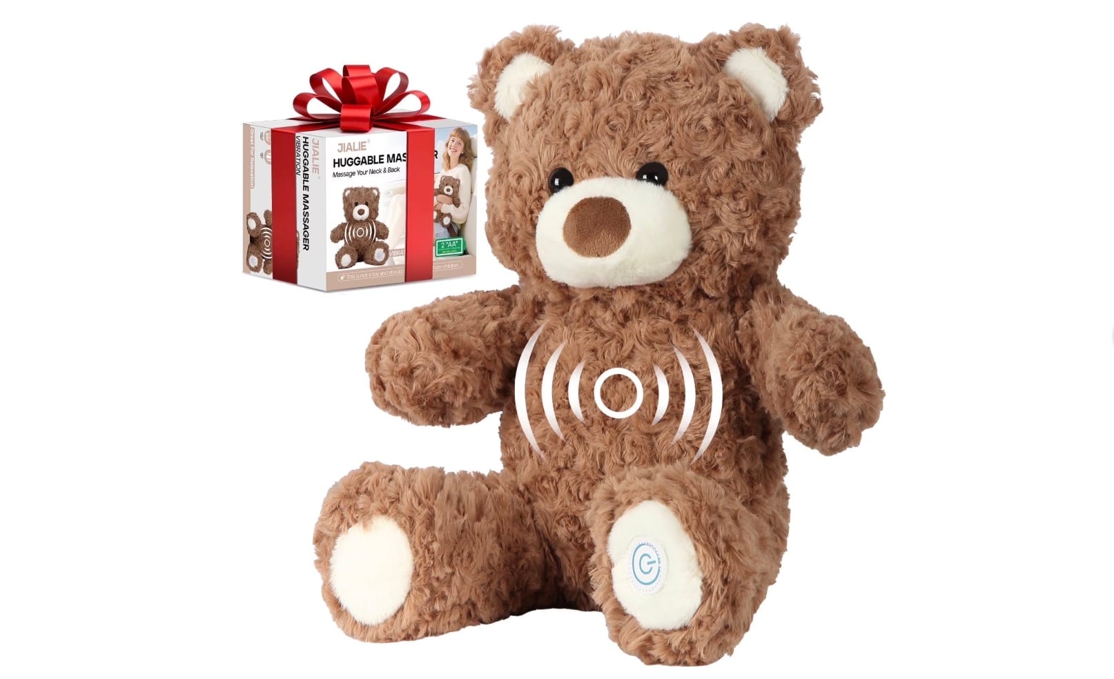 A light brown plush teddy bear with a white snout and paws sits upright. Curved lines on its belly suggest sound or vibration. In the background, there is a gift box featuring the same teddy bear and a red bow on top.