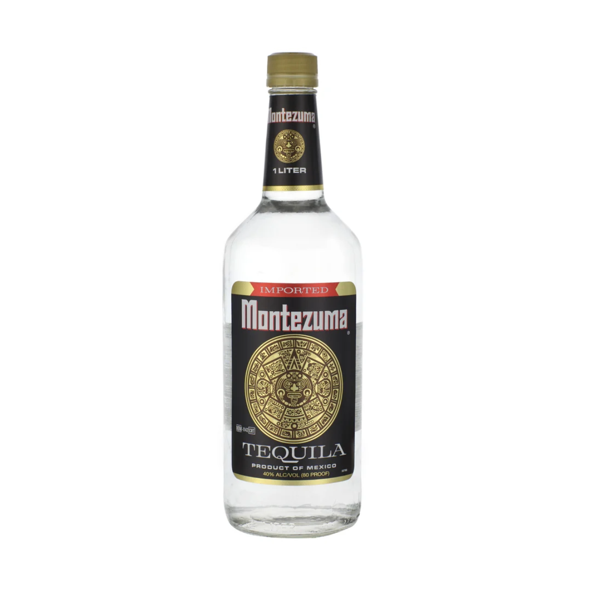 A clear 1-liter bottle of Montezuma Tequila with a black label, gold Aztec calendar design, and red "Imported" banner, standing upright against a plain white background.