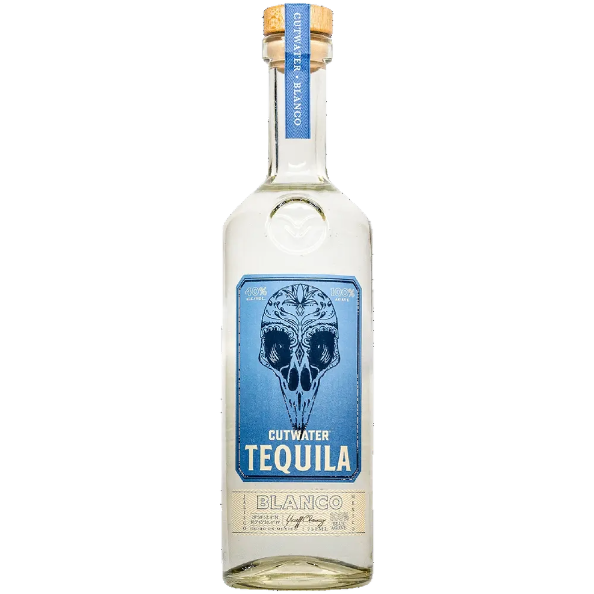 A clear glass bottle of Cutwater Tequila Blanco with a cork top. The blue and white label features a stylized skull design and text indicating it's 100% agave and 40% alcohol by volume.