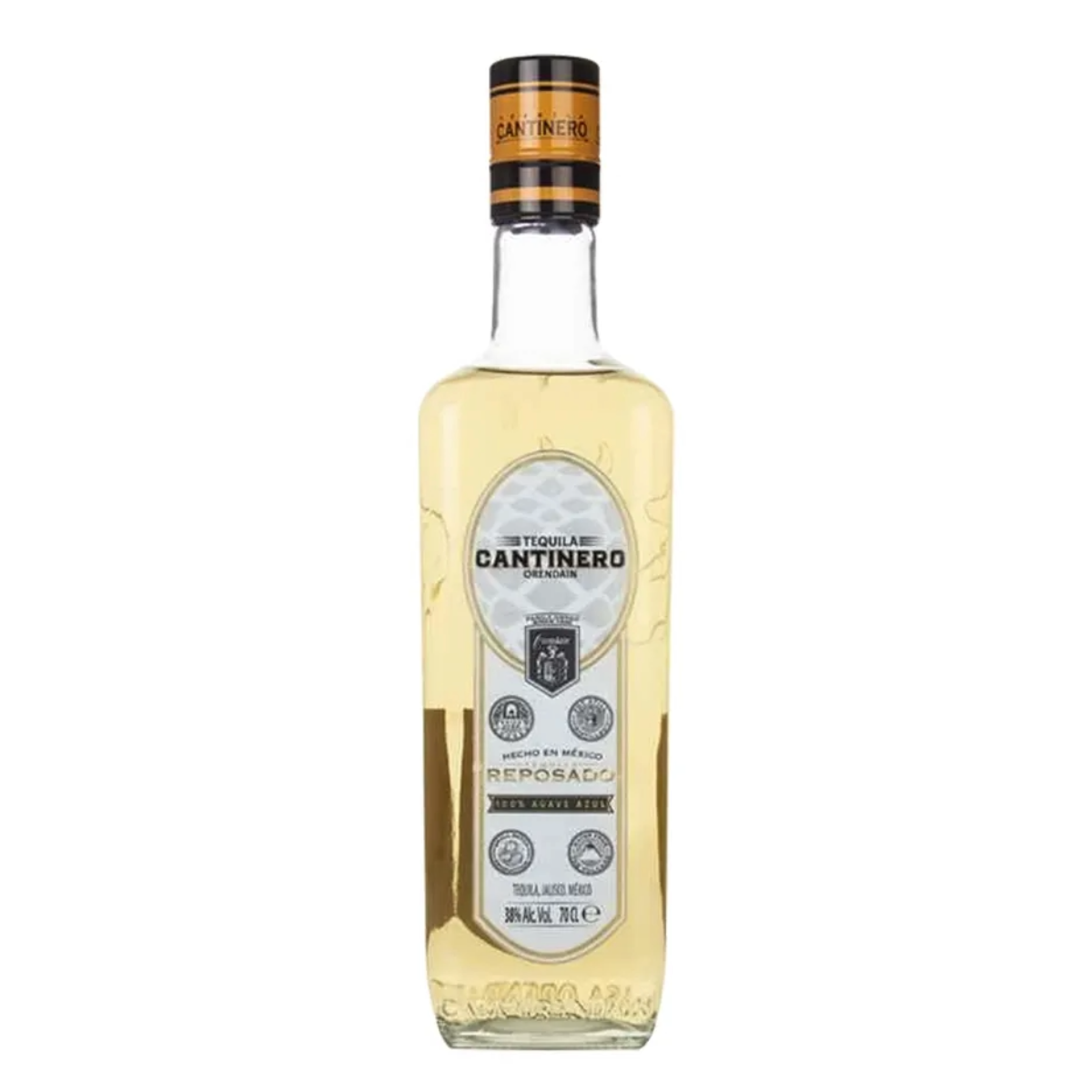 A bottle of Cantinero Reposado tequila with a light amber liquid, silver label, and a black-and-gold cap, displayed against a white background.