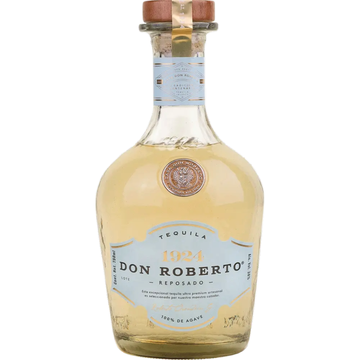 A clear bottle of Don Roberto 1924 Reposado Tequila with a light blue label and wooden cap. The label displays the brand name, product details, and a gold seal. The tequila inside is light golden in color.