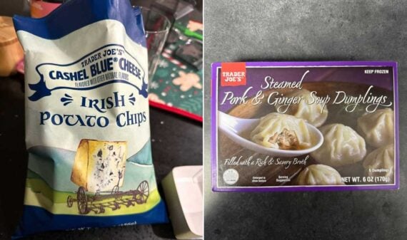 A bag of Trader Joe&rsquo;s Cashel Blue Cheese Irish Potato Chips sits on the left, and a box of Trader Joe&rsquo;s Steamed Pork & Ginger Soup Dumplings is on the right&mdash;two tasty contenders from the trader joe's customer choice awards, displayed on a tabletop.