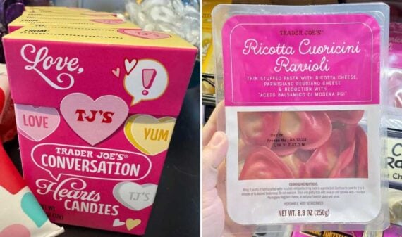 A photo shows two Trader Joe&rsquo;s products: a pink box of Conversation Hearts Candies decorated with hearts and phrases, and a package of heart-shaped Ricotta Cuoricini Ravioli in pink and white packaging.
