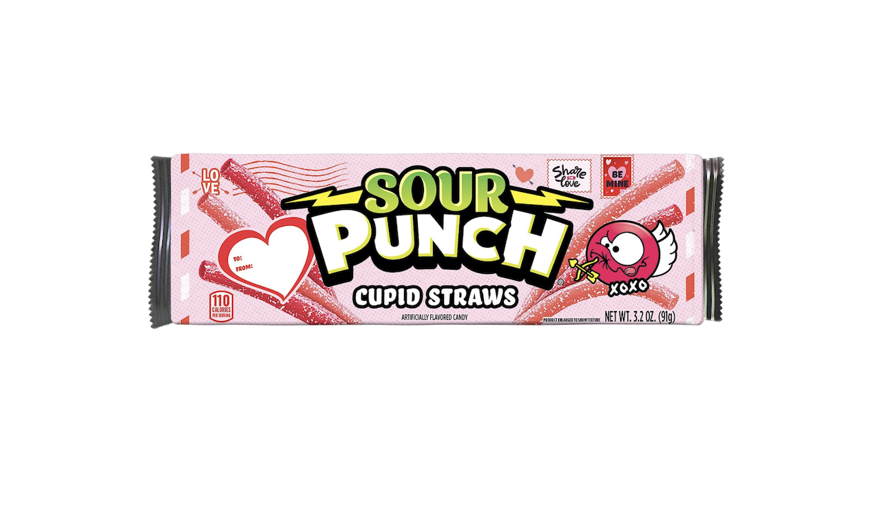 A package of Sour Punch Cupid Straws candy, featuring red straws, a heart graphic, and a cartoon cupid bird with a bow and arrow on a white background. The package emphasizes a love or Valentine’s Day theme.