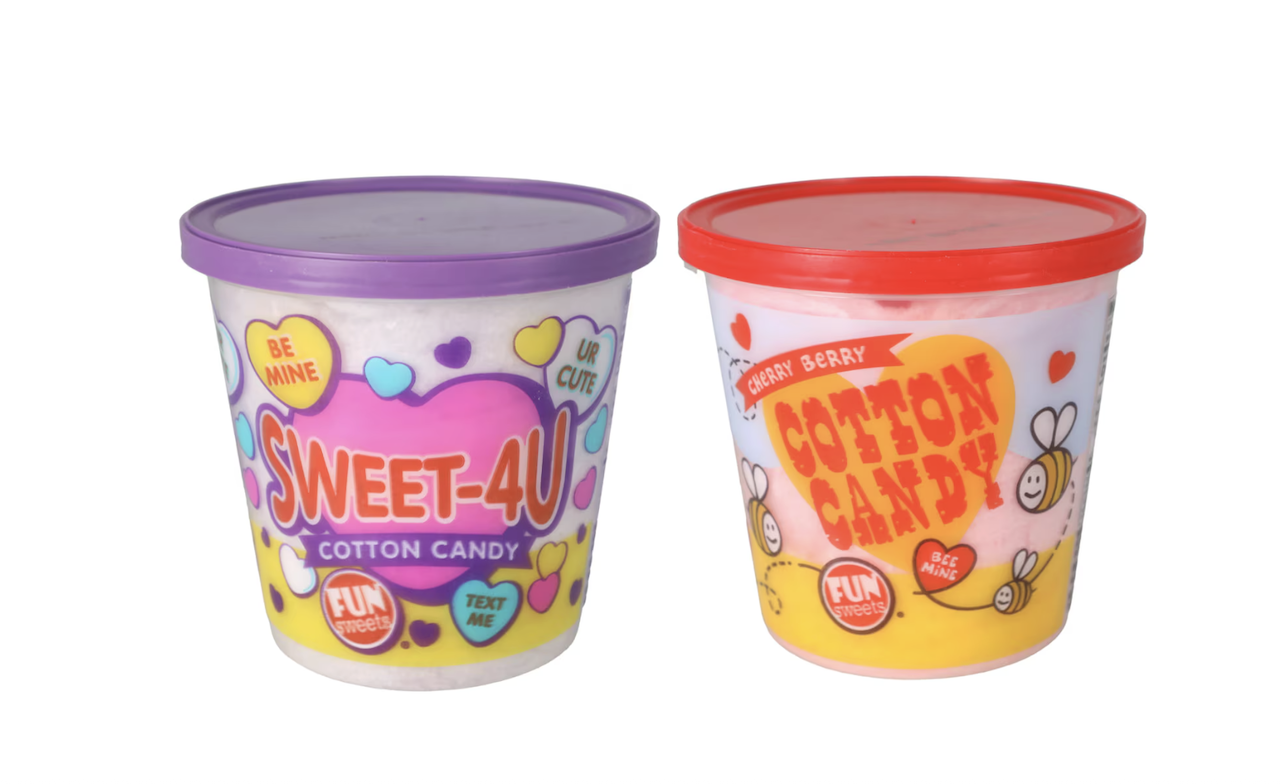 Two colorful tubs of cotton candy, one with a purple lid labeled "SWEET-4U" and one with a red lid labeled "Cotton Candy," both with heart and bee designs on the packaging.