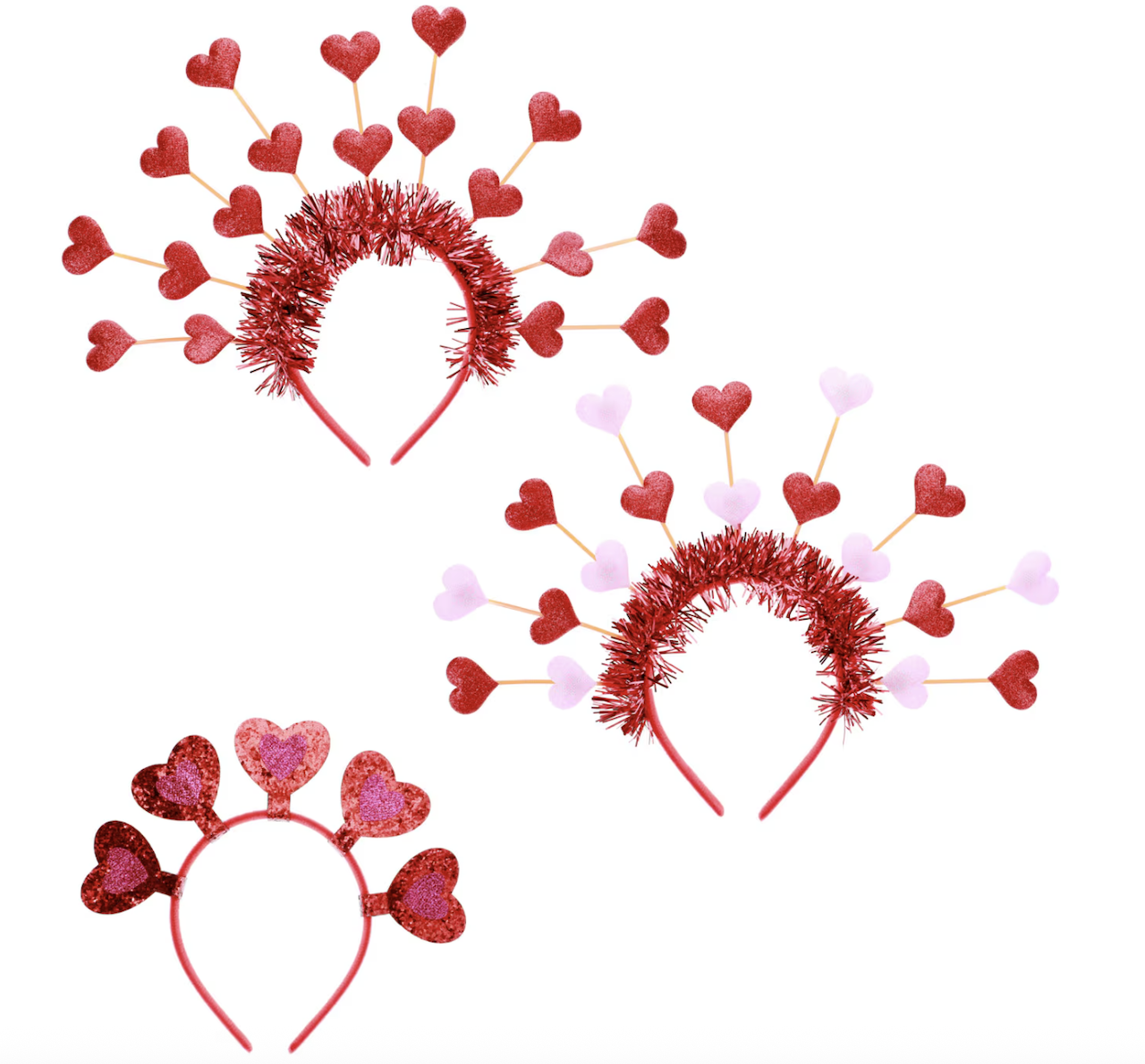 Three headbands decorated with red tinsel and heart shapes on springs; two have multiple red or pink hearts fanned out, and one has five red glitter hearts in a row. All are set against a white background.