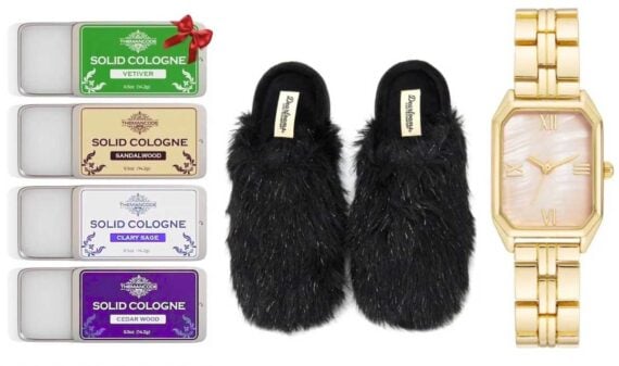 Four tins of solid cologne, black fuzzy slippers, and a gold rectangular wristwatch are arranged side by side on a white background&mdash;perfect picks for Walmart Valentine's Day gifts.