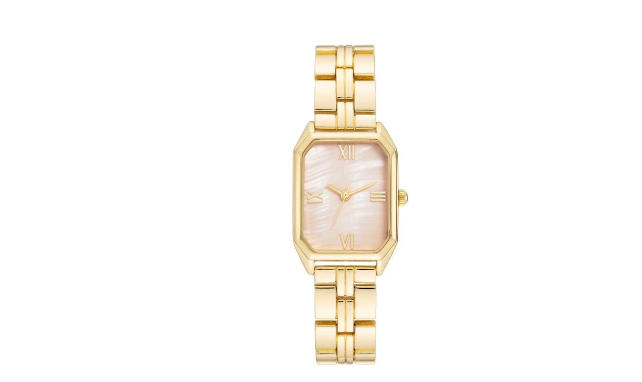 A gold wristwatch with a rectangular face, mother-of-pearl dial, gold Roman numerals, and a gold metal link band, displayed on a white background.
