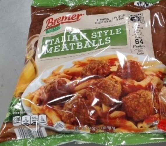 A bag of Bremer Family Size Italian Style Meatballs is shown on a table. The packaging features an image of meatballs served over pasta and displays nutrition facts and serving information.