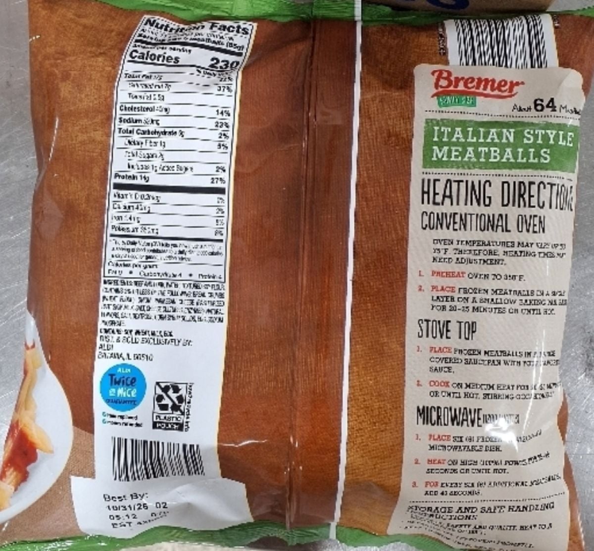 A package of Bremer Italian Style Meatballs showing nutrition facts, heating directions for oven, stove top, and microwave, plus a "Take a Nice Trip" label and part of an expiration date.