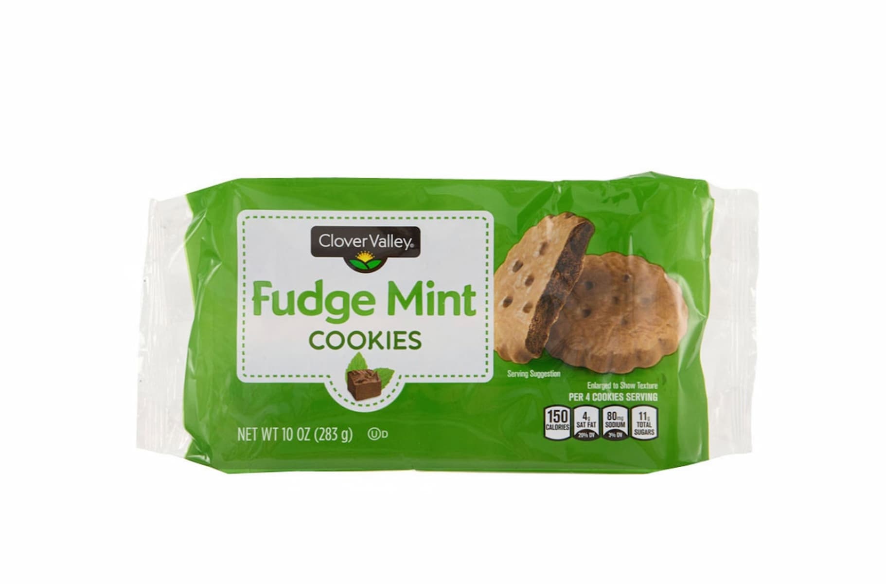 A package of Clover Valley Fudge Mint Cookies with a green background, an image of two cookies, and nutrition facts on the front. The package contains 10 ounces (283 grams) of cookies.