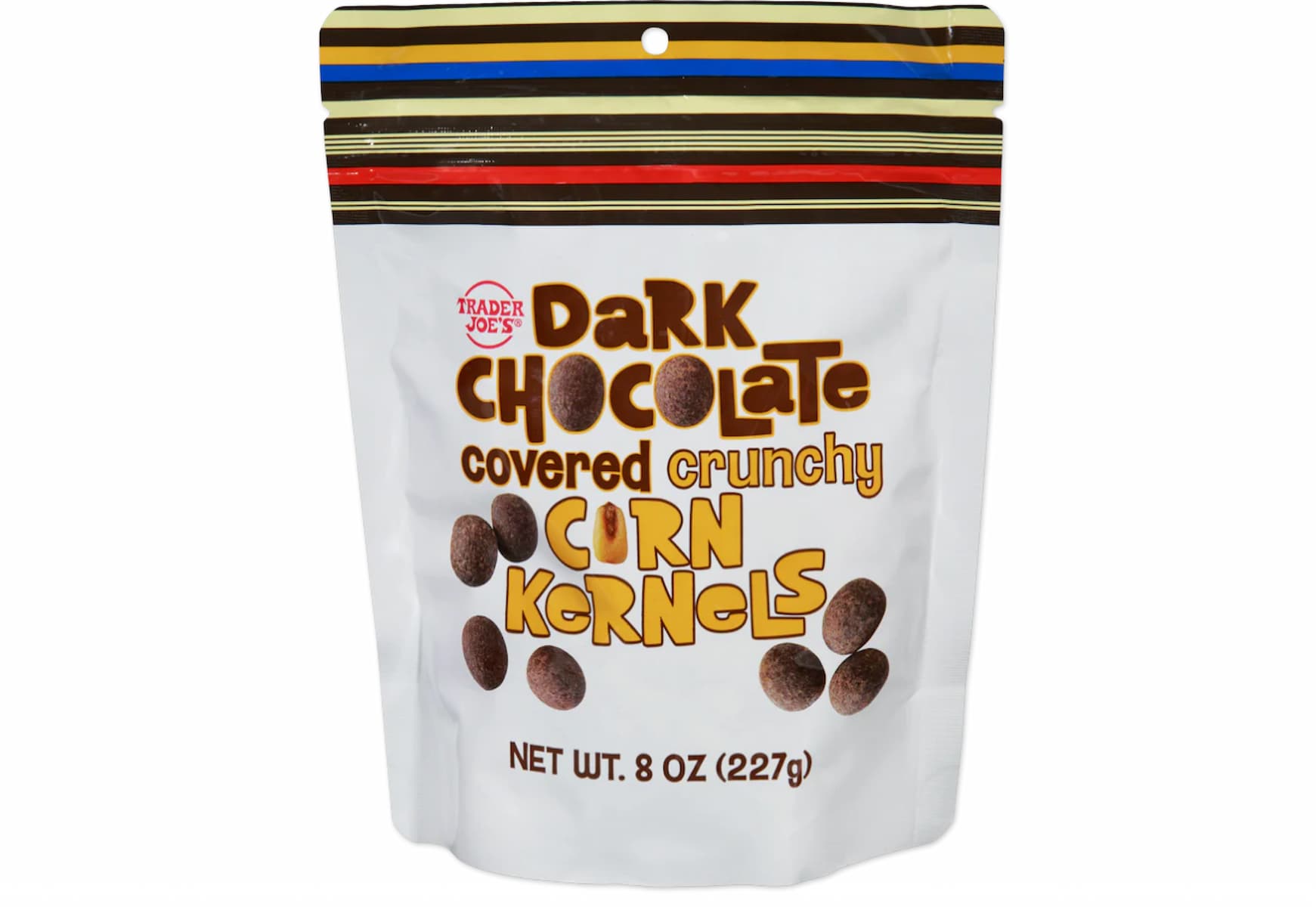 A white 8-ounce (227g) pouch of Trader Joe’s Dark Chocolate Covered Crunchy Corn Kernels, with bold brown and yellow text and small images of chocolate-coated kernels on the packaging.