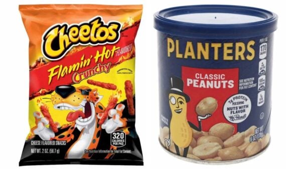 A bag of Cheetos Flamin' Hot Crunchy snacks sits next to a can of Planters Classic Peanuts. Both packages are upright and display their brand logos and product images.