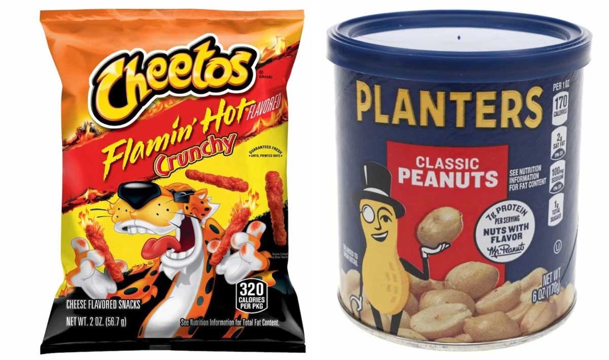 A bag of Cheetos Flamin' Hot Crunchy snacks sits next to a can of Planters Classic Peanuts. Both packages are upright and display their brand logos and product images.
