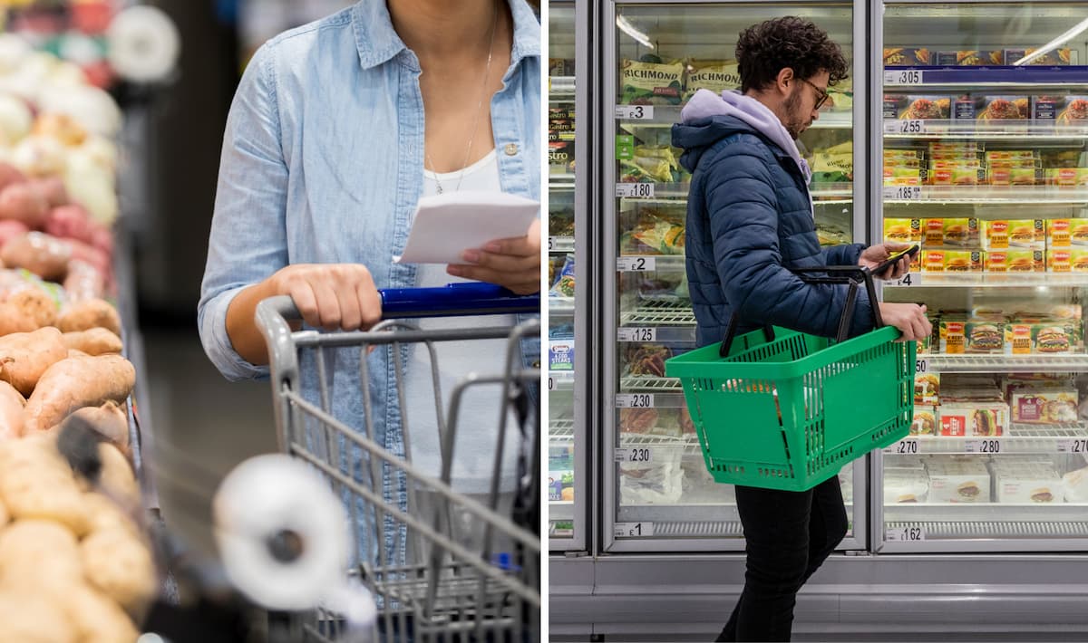 Split image: On the left, a person pushes a shopping cart while holding a list in a grocery store. On the right, a person with a basket looks at their phone in front of a supermarket freezer section.