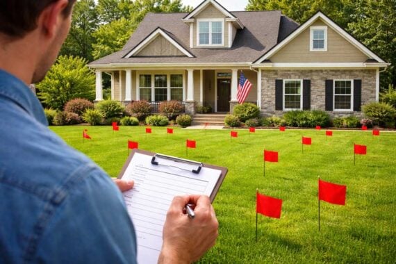 A person holding a clipboard stands on a green lawn with many red flags, facing a suburban house with an American flag and a porch. The scene suggests a lawn inspection or marking for utility work.