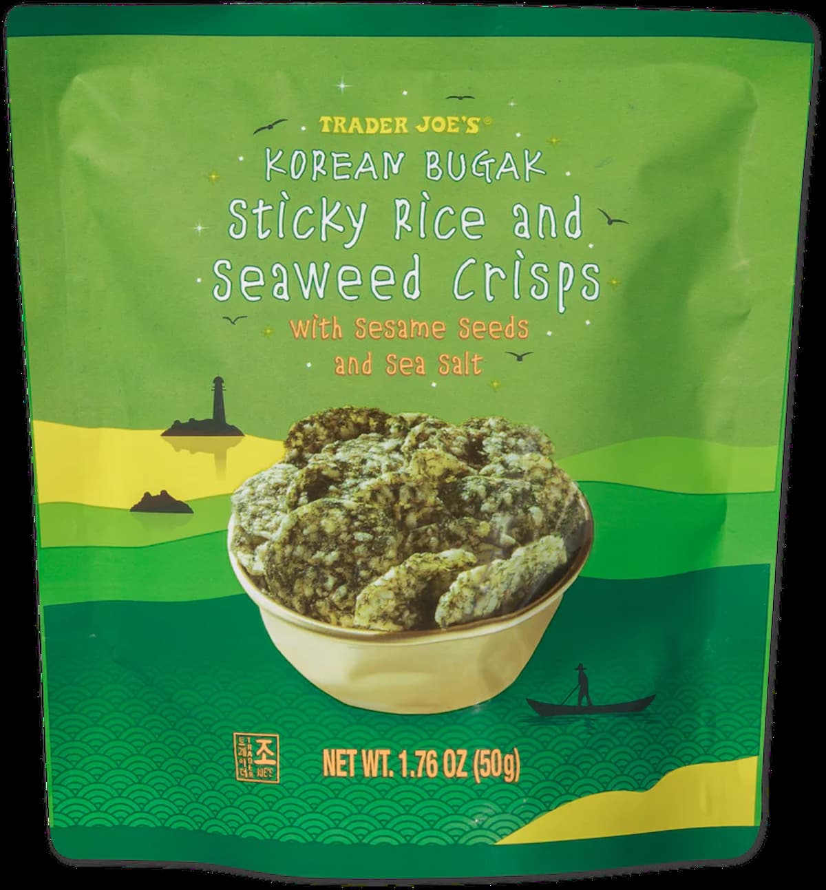 A green bag of Trader Joe’s Korean Bugak Sticky Rice and Seaweed Crisps, with sesame seeds and sea salt, featuring a bowl of crisps and illustrated waves, sea, and a lighthouse in the background. Net weight 1.76 oz (50g).