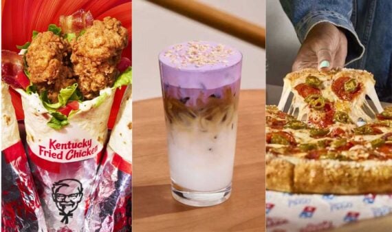 A new fast-food menu features a wrap with fried chicken and bacon, a layered iced drink in purple and white topped with flakes, and a hand pulling a cheesy pepperoni jalape&ntilde;o pizza slice from the box.