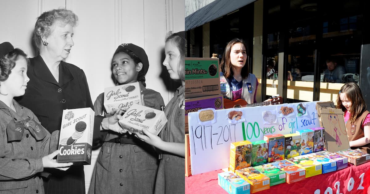 A vintage photo shows Girl Scouts selling cookies with an adult, while a modern photo shows girls at a booth with cookie boxes and a sign celebrating 100 years of Girl Scout cookies.