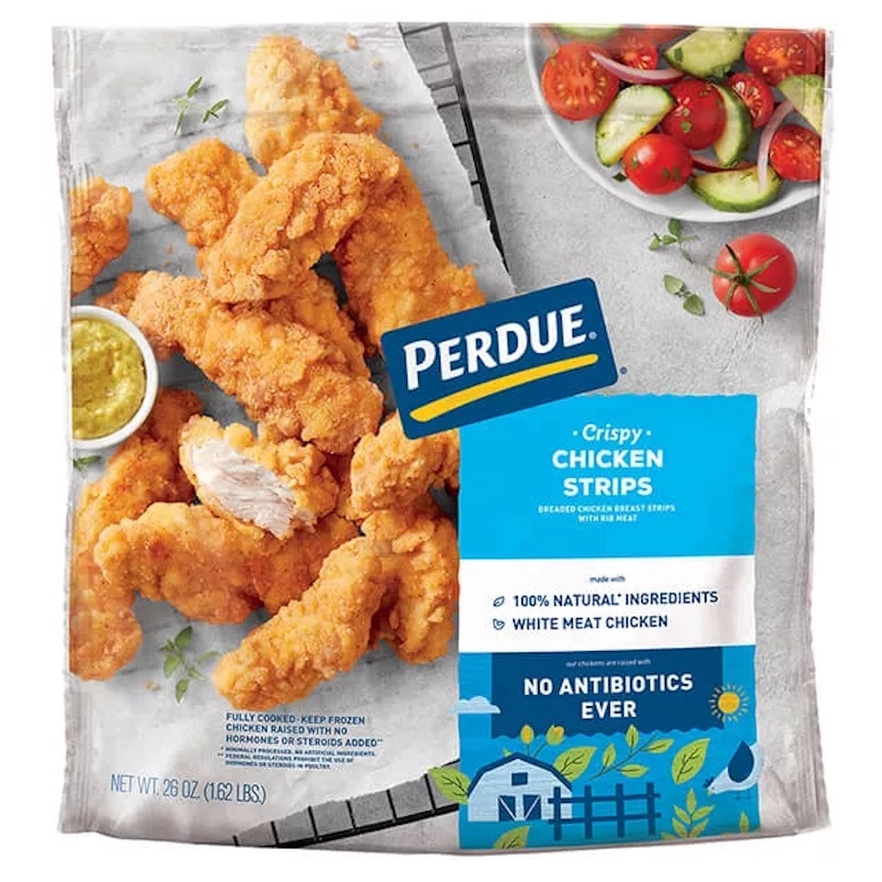 A package of Perdue Crispy Chicken Strips shows golden breaded strips, a cup of dipping sauce, and a tomato-cucumber salad. The packaging highlights "100% natural ingredients" and "no antibiotics ever.