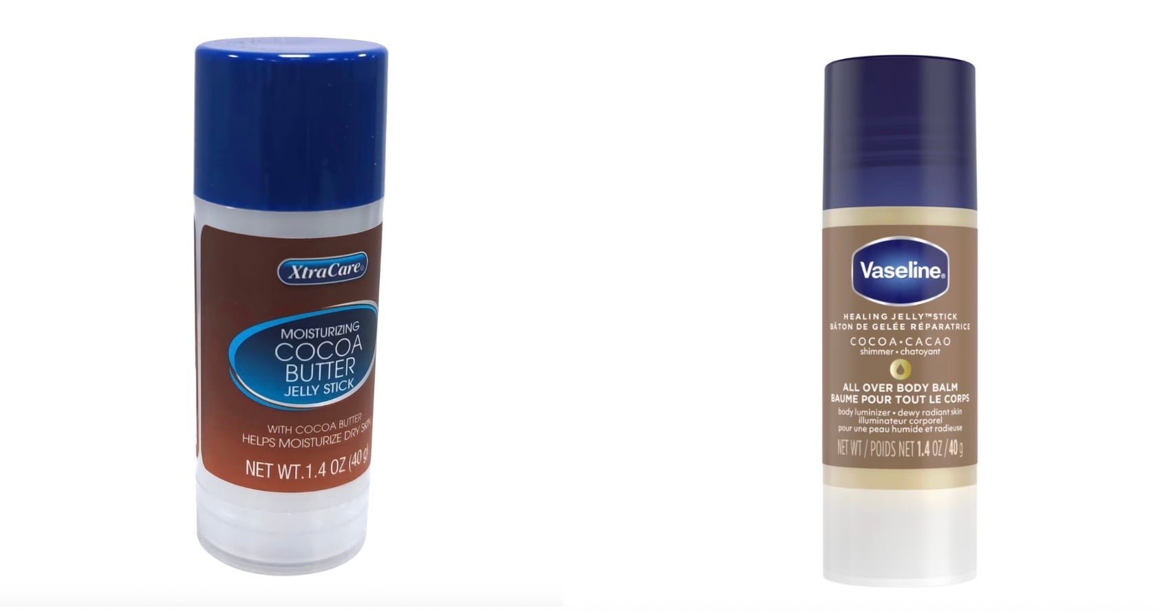 Two moisturizing body balms in stick form: XtraCare Cocoa Butter Jelly Stick on the left and Vaseline Healing Jelly Cocoa Butter All Over Body Balm on the right, both standing upright on a white background.