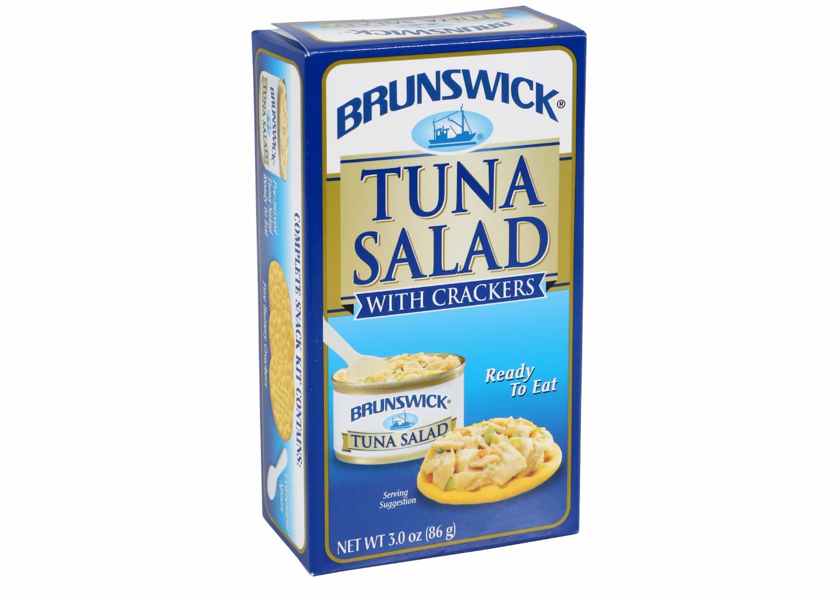 A blue and gold box of Brunswick Tuna Salad with Crackers, showing an image of tuna salad on a cracker. The text says "Ready to Eat" and "Net Wt 3.0 oz (86g).